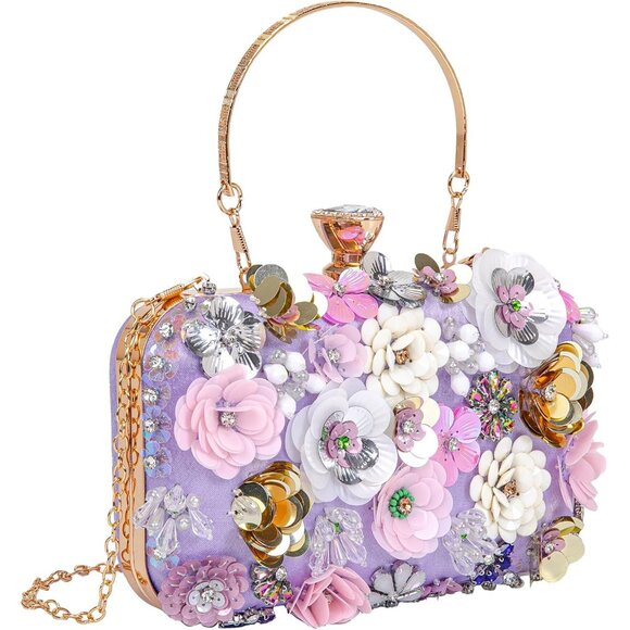 Purple Multicolored 3D Flower Clutch Handbag with Chain Strap for Evening, Weddi - Picture 7 of 7